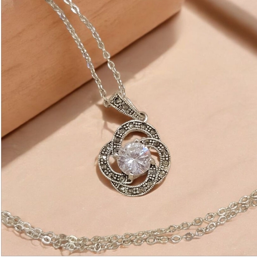 Silver Luxuries Silver Plated Marcasite Sparkling Crystal Pendant Necklace
